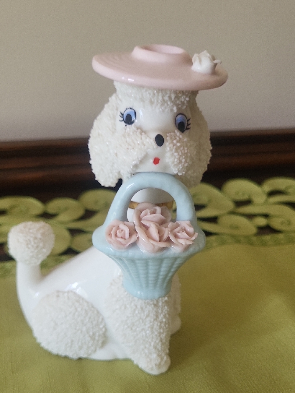 Vintage White Poodle Figurine with Pink Hat & Blue Basket of Pink Roses